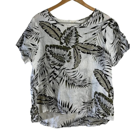 C&C California 100% Linen Blouse Olive Green Leaves Tropical Short Sleeves Top - Picture 1 of 7